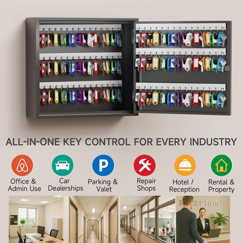 WeHere Key Lock Box for 90 Keys, Wall Mount Key Cabinet with Color Key Tags, Steel Key Storage Box with Lock, Key Holder Organizer for Home, Office, Apartment, Property Management - Image 4